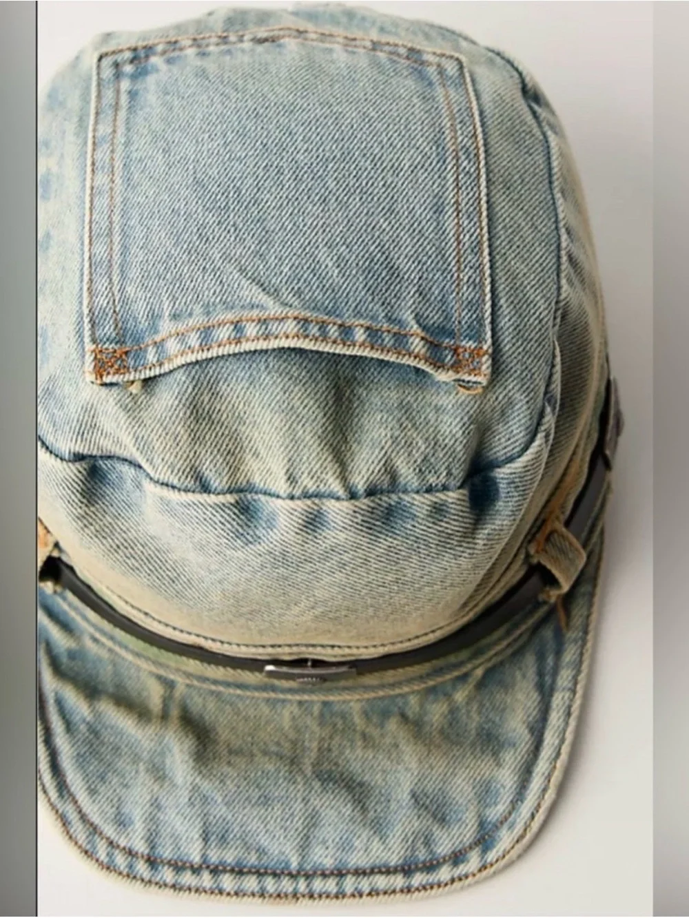 Free People Washed Denim Cadet Hat NWT Western Leather Band Blue OS